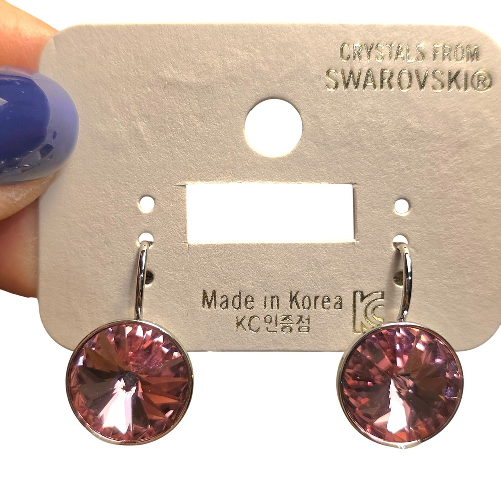 NWT Swarovski‎ Element Light Rose Pink 13mm Round LeverbackEarrings Platinum *16